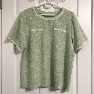 ESSENXA Green White Top Blouse With Pearl-Like Embellishments XL